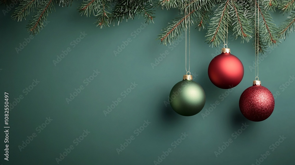 Christmas ornaments hanging from pine tree branch on green background Christmas ornaments hanging from pine tree branch on green background