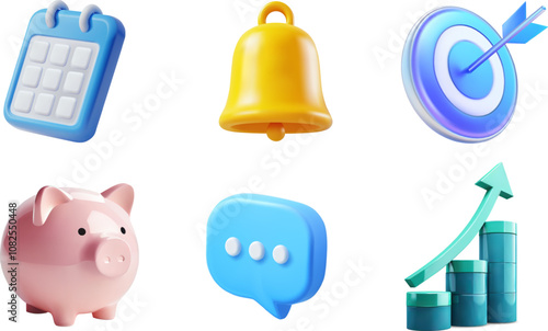 3D business and finance icons including calendar, bell, target, piggy bank, chat, and growth chart, ideal for digital presentations. 3d business icons. Vector illustration.