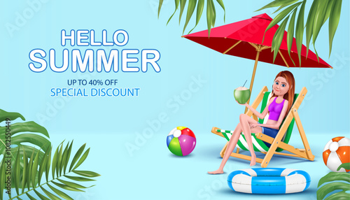cute young girl,summer holiday objects and tropical leaves decorative hello summer concept special discount sale banner vector illustration. up to 40% off big bonus. business advertising backdrop.