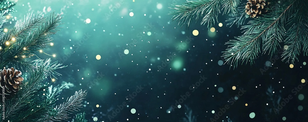 Fototapeta premium Christmas banner with pine branches, cones, lights and falling snow