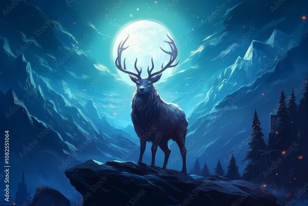 Serene winter landscape featuring deer in soft blue and white tones for a tranquil atmosphere Serene winter landscape featuring deer in soft blue and white tones for a tranquil atmosphere