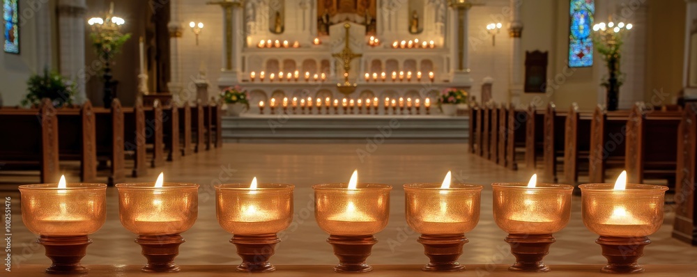 Obraz premium A serene interior of a church with lit candles, creating a peaceful atmosphere.