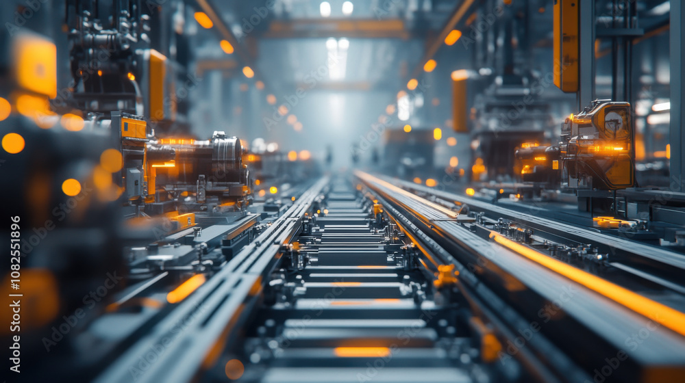 close up view of modern assembly line with steel beams, showcasing intricate machinery and glowing elements, creating dynamic industrial atmosphere close up view of modern assembly line with steel beams, showcasing intricate machinery and glowing elements, creating dynamic industrial atmosphere