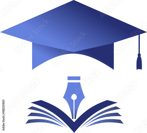 Vector icon, logo, sign academic cap (confederate) over opened book with ink pen on transparent background. Concept of knowledge, wisdom and education.