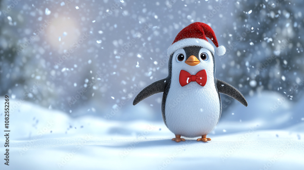 Cute penguin in a red Santa hat and bow tie standing in a snowy winter scene with falling snowflakes, creating a festive holiday atmosphere. Cute penguin in a red Santa hat and bow tie standing in a snowy winter scene with falling snowflakes, creating a festive holiday atmosphere.