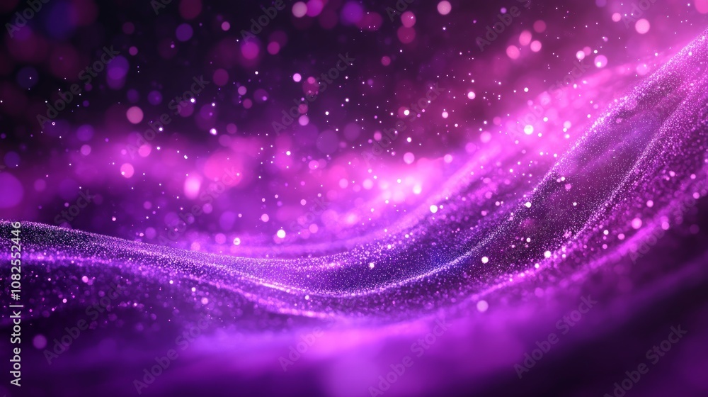 Abstract purple and pink wave with sparkling bokeh lights on a dark background. Abstract purple and pink wave with sparkling bokeh lights on a dark background.