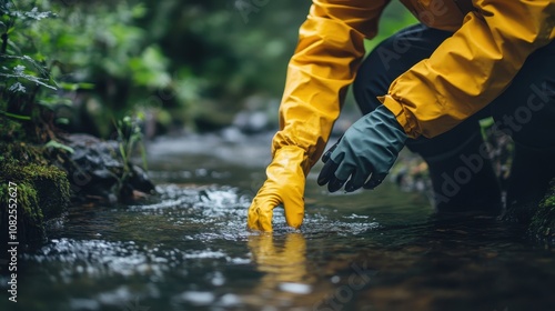 A hand in yellow glove testing water in a creek. This photo is useful for illustrating environmental and water quality concepts. photo