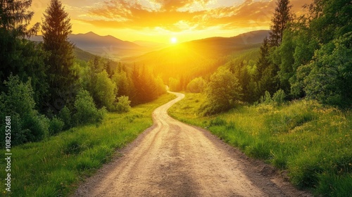 A Serene Winding Dirt Road Through Evergreen Forest at Sunset, Perfect for Themes of Nature, Adventure, Tranquility, Outdoor Exploration, and Peaceful Mountain Landscape Photography