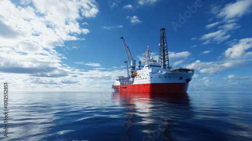 Offshore drilling vessel with towering crane on calm ocean waters under blue sky. scene captures essence of maritime industry and exploration photo