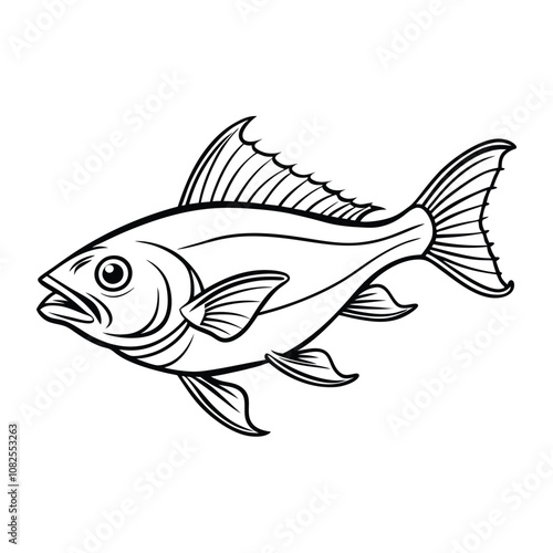 halibut fish design, labeled line art vector silhouette illustration.