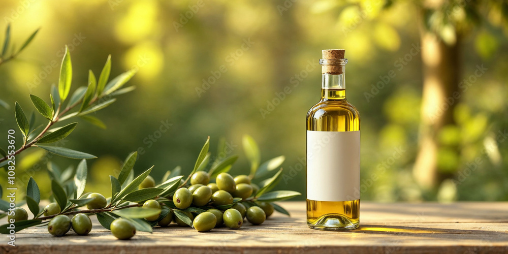 A olive oil concept prepared for mockup, with label on glass of bottle on a light wooden table A olive oil concept prepared for mockup, with label on glass of bottle on a light wooden table