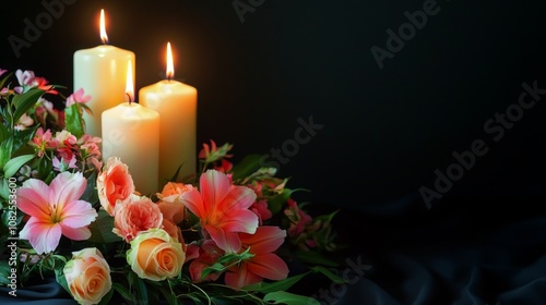 Candles Flowers with Blank Funeral Frame in Memorial Arrangement with Soft Light