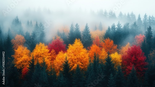 Fototapeta Naklejka Na Ścianę i Meble -  Autumn foliage transformation forest aerial view misty landscape vibrant colors nature's beauty