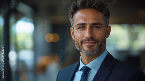 A confident man in a suit smiles in a modern office setting.