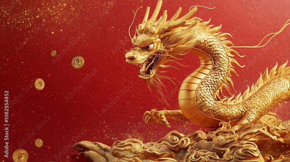 Fototapeta premium Golden 3D Dragon on Red Background for Chinese New Year Celebration