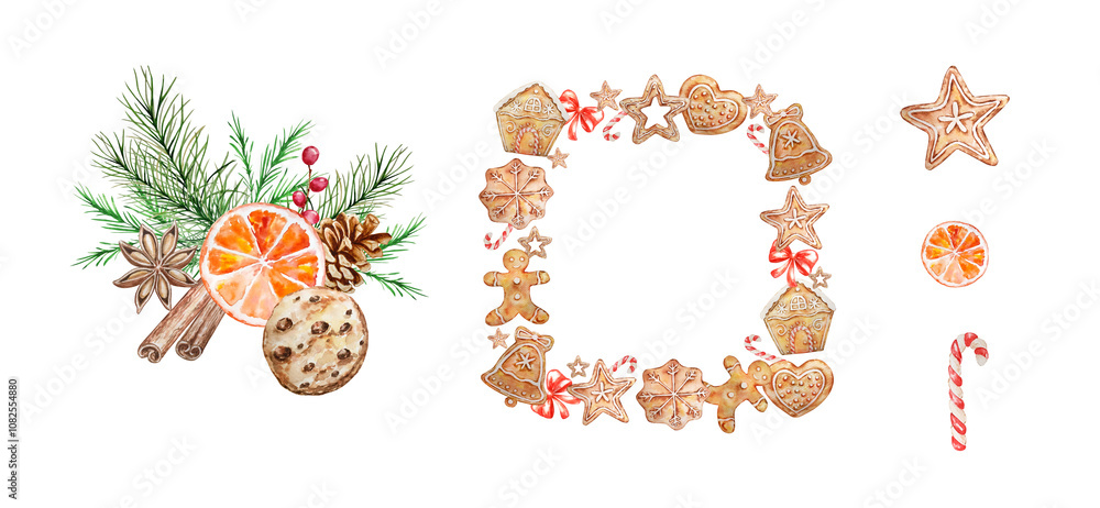 Fototapeta premium Watercolor Christmas sweets set with cookie