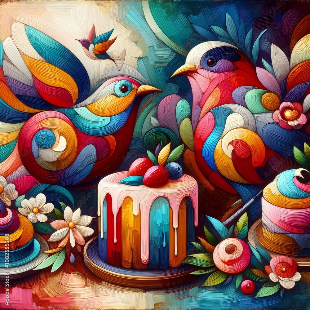 Abstract oil painting depicting cakes and birds, brush strokes on canvas. Abstract oil painting depicting cakes and birds, brush strokes on canvas.