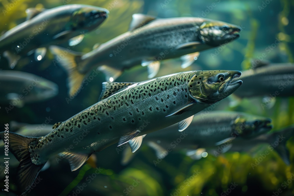 Closeup of a salmon school showcasing silver scales and green spots Closeup of a salmon school showcasing silver scales and green spots