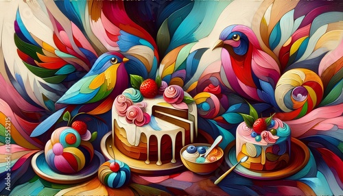 Abstract oil painting depicting cakes and birds, brush strokes on canvas.