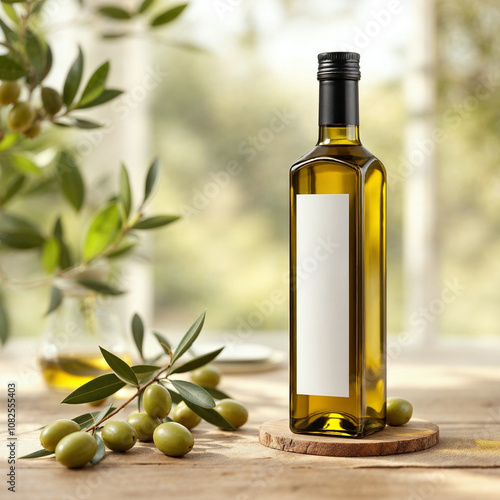 A olive oil concept prepared for mockup, with label on glass of bottle on a light wooden table