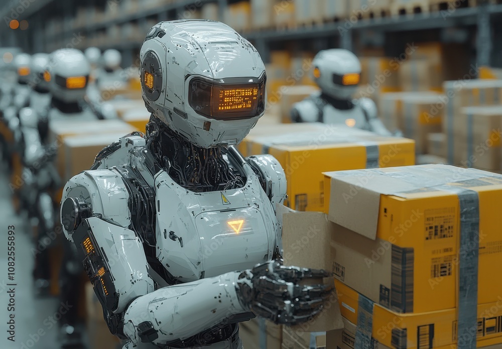Robotic arms managing packages in a modern warehouse setting Robotic arms managing packages in a modern warehouse setting
