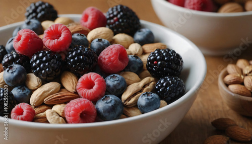 Healthy bowl of mixed berries and almonds on a wooden table