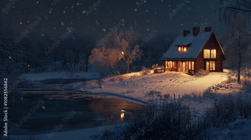 Snow-Covered House on a Hill with Christmas Tree and Warm Lights at Night Snow-Covered House on a Hill with Christmas Tree and Warm Lights at Night
