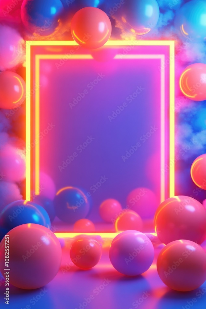Neon Frame Surrounded by Balloons Neon Frame Surrounded by Balloons