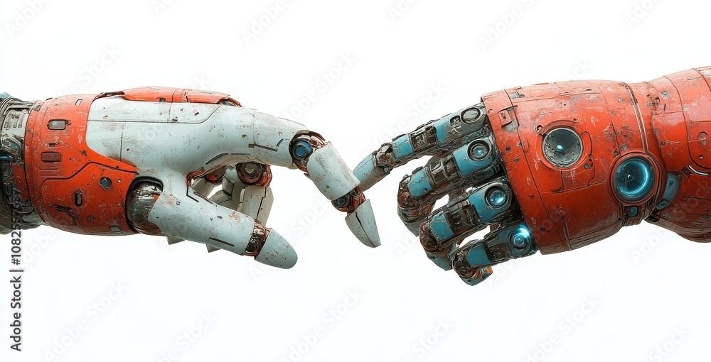 Two industrial robot arms reaching towards each other with precision Two industrial robot arms reaching towards each other with precision