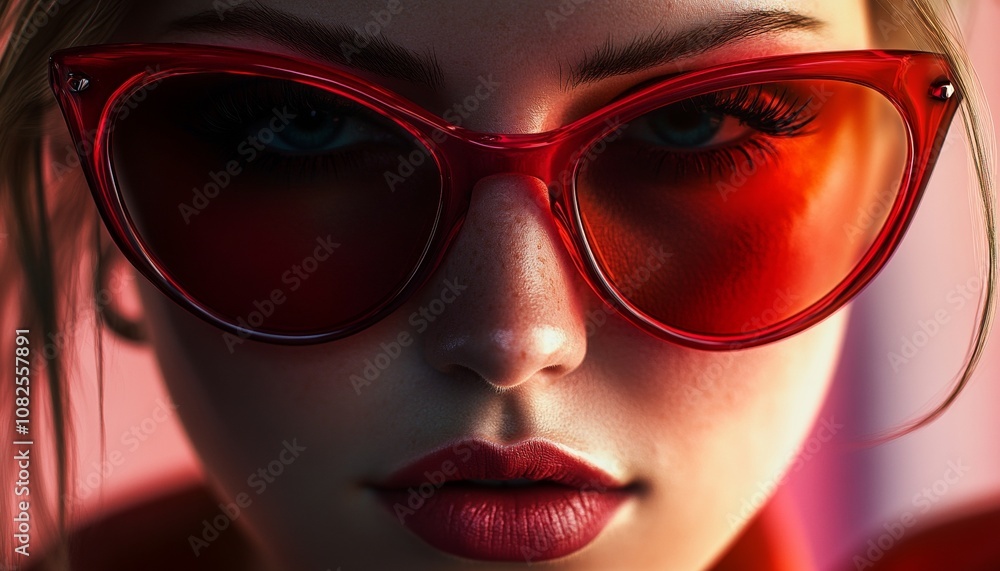 Stylish Woman in Red Cat-Eye Sunglasses with Bright Red Background Stylish Woman in Red Cat-Eye Sunglasses with Bright Red Background