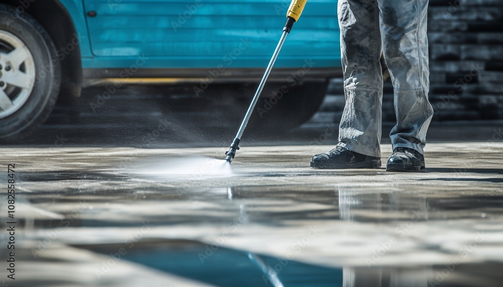 People Power Washing in Front of a Modern House with Reflection on Wet Pavement People Power Washing in Front of a Modern House with Reflection on Wet Pavement