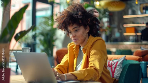 Obraz Focused woman works on laptop in a cozy cafe with plants and colorful decor, enjoying creative office vibes and inspiration.
