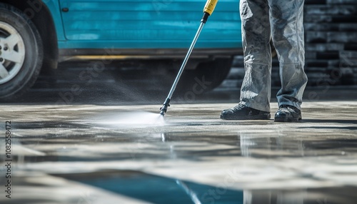 People Power Washing in Front of a Modern House with Reflection on Wet Pavement