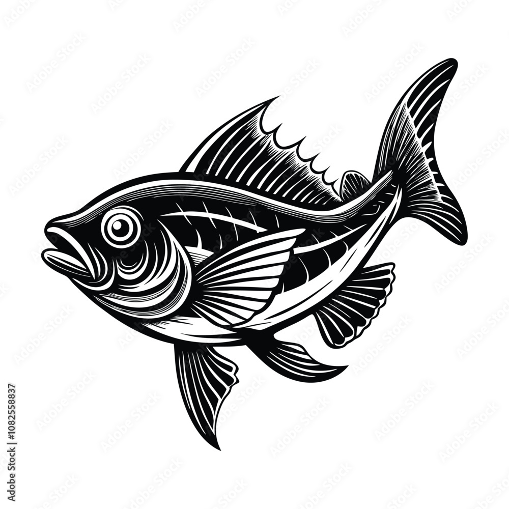 halibut fish design, labeled linocut vector silhouette illustration. halibut fish design, labeled linocut vector silhouette illustration.