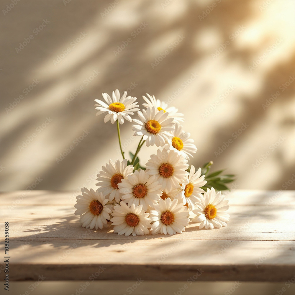 Obraz premium Concept photo of white daisies flower bouquet on light wooden table with space for text