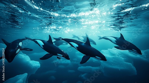 Glowing Orca Pod Beneath Arctic Ice Marine Life Reflection