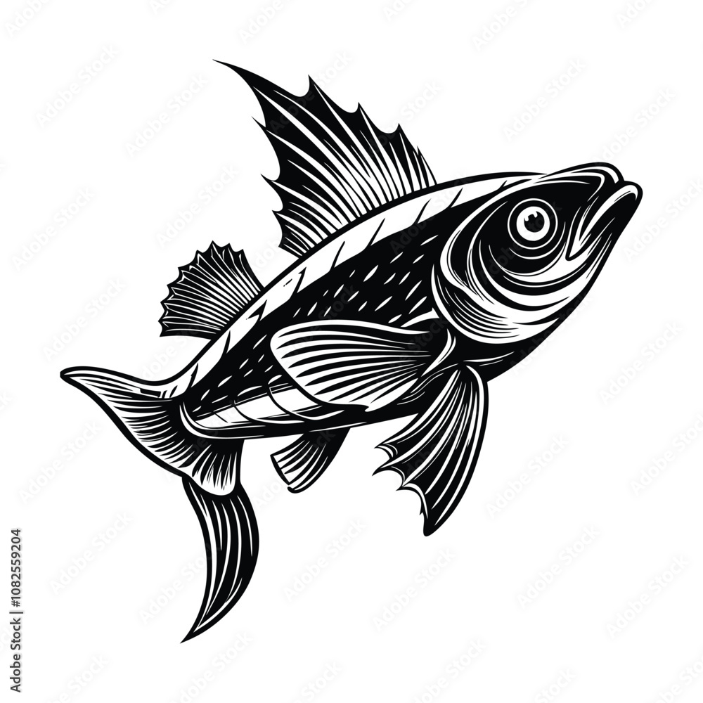 halibut fish design, labeled linocut vector silhouette illustration. halibut fish design, labeled linocut vector silhouette illustration.