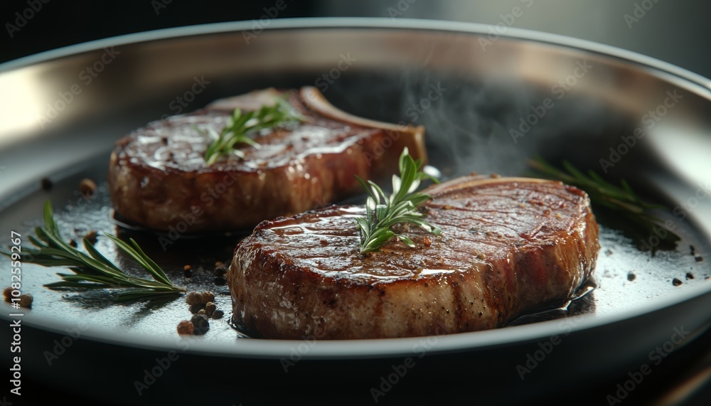 Searing Steaks in a Stainless Steel Pan with Oil Sizzling Heat Searing Steaks in a Stainless Steel Pan with Oil Sizzling Heat