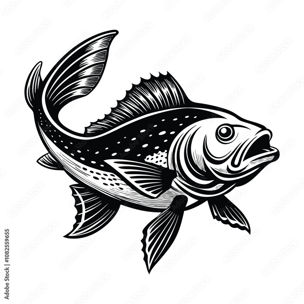 halibut fish design, labeled linocut vector silhouette illustration. halibut fish design, labeled linocut vector silhouette illustration.