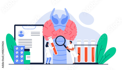 Endocrinology concept. Endocrinologist doctors check up thyroid gland with trachea. Endocrine disease, healthcare, treatment. Isolated vector illustration in cartoon style