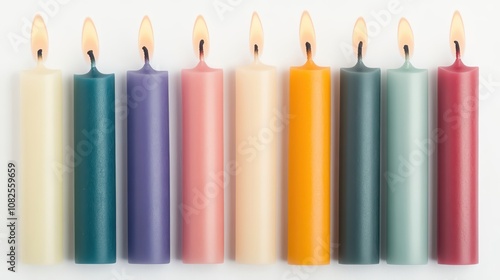 Colorful candles with flames on a white isolate background.