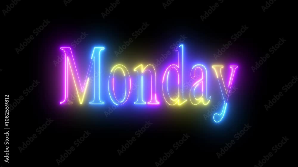 Monday neon text animation and neon sign .Monday neon word. Monday, weekend text animation. Neon glowing animation on black background. Monday neon text animation and neon sign .Monday neon word. Monday, weekend text animation. Neon glowing animation on black background.