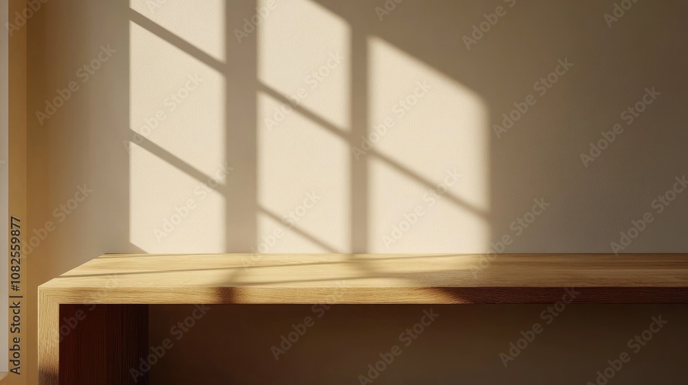 Fototapeta premium A Sunlit Wooden Table Against a Neutral Beige Wall with Soft Shadows, Perfect for Minimalist Design, Product Display, or Clean Background Use in a Calm and Serene Environment