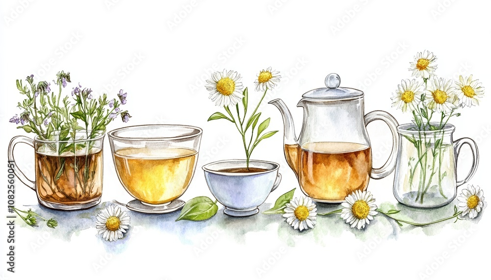 Watercolor Set Depicting a Variety of Herbal Teas with Fresh Herbs Flowers Watercolor Set Depicting a Variety of Herbal Teas with Fresh Herbs Flowers