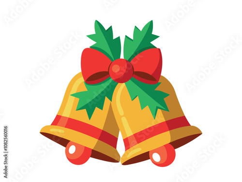 a drawing of a pair of bells with a green holly leaf.