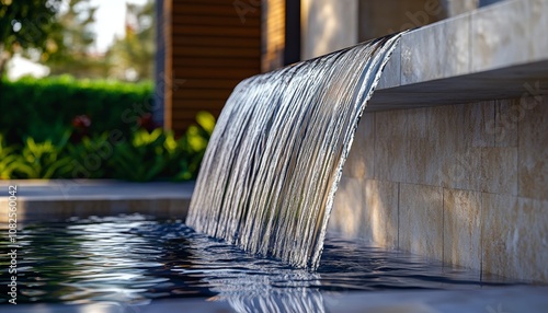 Modern Outdoor Home Water Feature with Stone Wall Lush Garden Plants