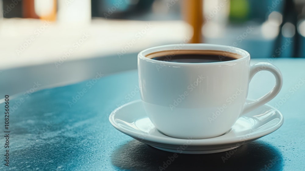 A warm cup of coffee sits on a table, its rich, dark color against a softly blurred background, inviting a moment of relaxation.