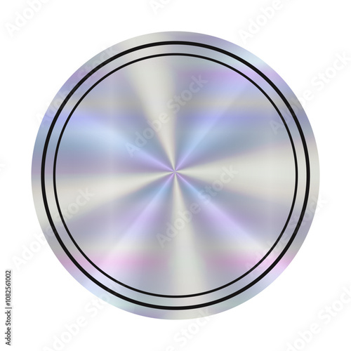 Empty round holographic sticker. Circle shape by rainbow color gradient with metallic effect. Blank emblem with double lines