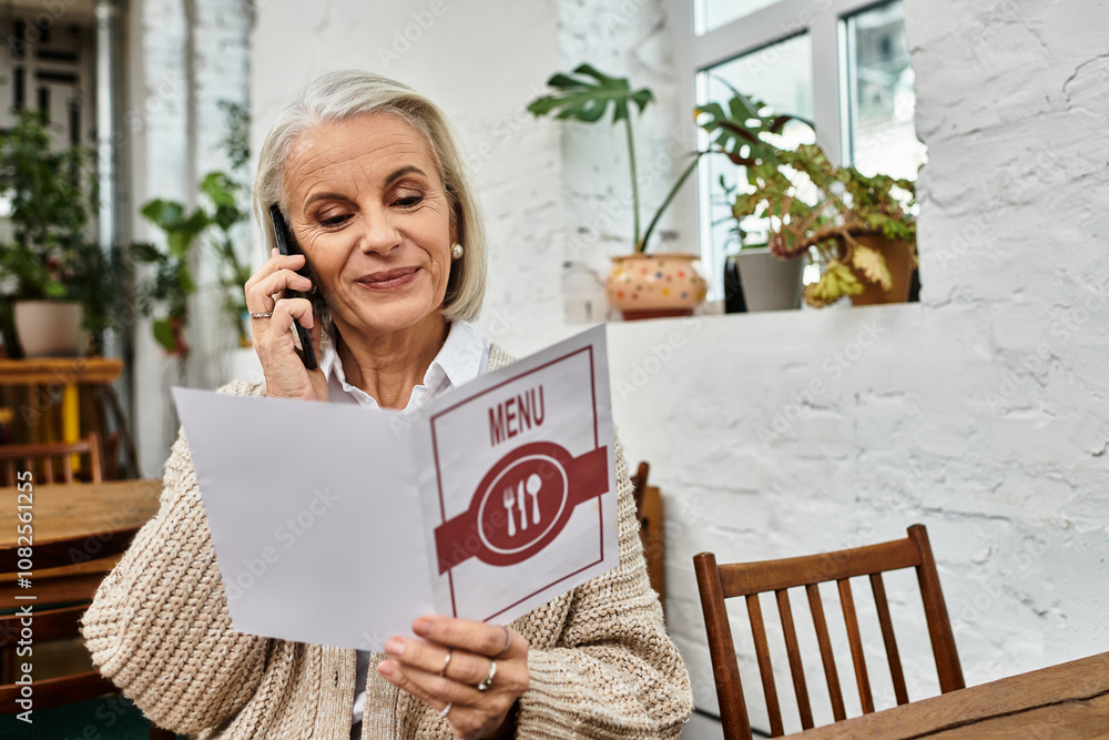 A sophisticated woman with gray hair reads the menu and chats on her phone in a cozy cafe. A sophisticated woman with gray hair reads the menu and chats on her phone in a cozy cafe.
