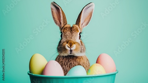 A cute rabbit peeks over colorful Easter eggs in a teal bowl, capturing the playful spirit of springtime celebrations. photo